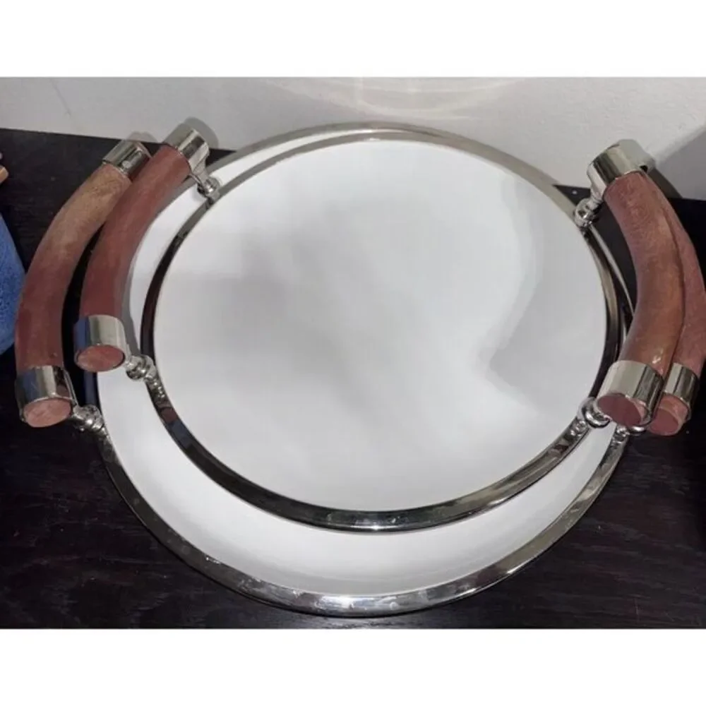 Set‎ Of Two White Ceramic Salad Trys With Wooden Handles And Chrome Rims.